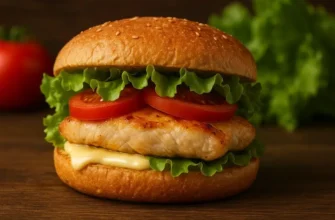 Сэндвич с курицей, свежими помидорами, салатом и соусом на булочке с кунжутом
